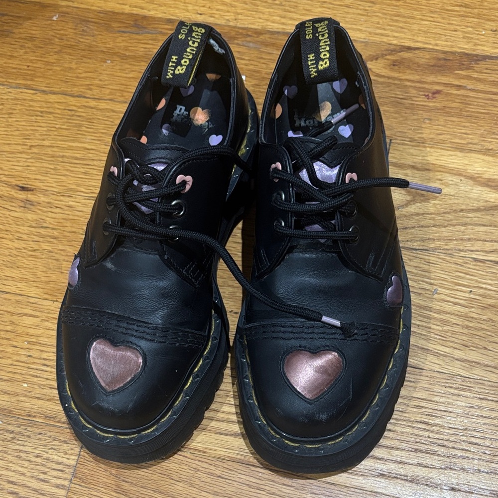 Doc Martens Black Leather Platform Shoe with Heart Accents